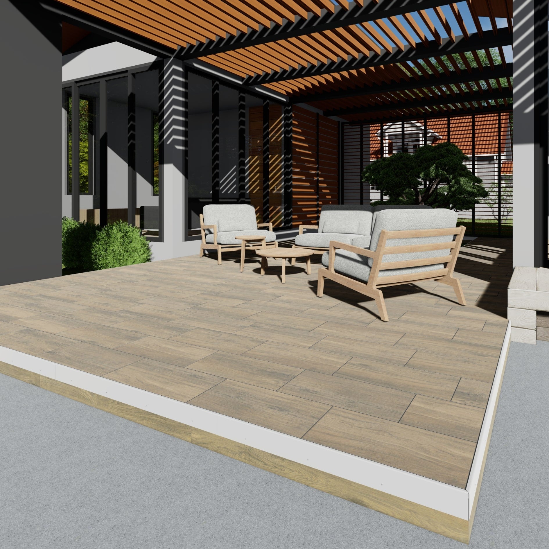 Aged Teak Rainier flexible flooring blocks with light to medium brown and gray tones